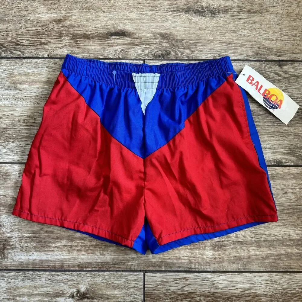 NEW! Vintage 80s Balboa Shortie Swim Trunks Shorts Blue Red Size L 36/38